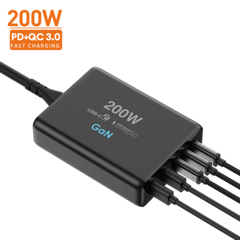 VINA 200W PD 100W شاحن GaN سريع من النوع C متعدد المنافذ للكمبيوتر المحمول والعديد من منافذ الشحن وكابل الشحن EU AU US UK