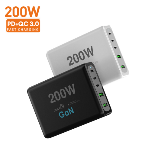 VINA 200W PD 100W شاحن GaN سريع من النوع C متعدد المنافذ للكمبيوتر المحمول والعديد من منافذ الشحن وكابل الشحن EU AU US UK