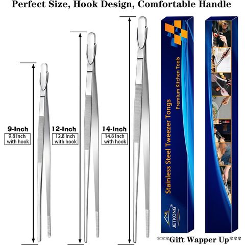 Pinces de Cuisine Extra Longues Robustes en Acier Inoxydable, Ensemble de 3 (23, 30, 35 cm, Argent) - Pinces Alimentaires de Qualité Professionnelle