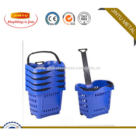 Cesta de compras de plástico para supermercado, carrito de compras rodante con colores