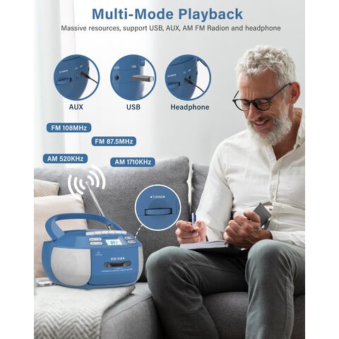 Rádio CD Player Cassete Portátil Boombox com Bluetooth, Aparelho de CD para Casa com Rádio AM/FM (Azul)