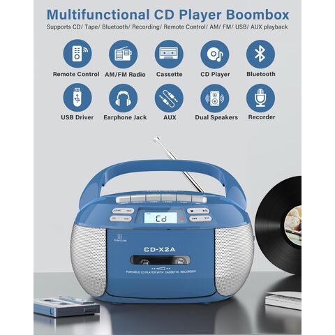 Rádio CD Player Cassete Portátil Boombox com Bluetooth, Aparelho de CD para Casa com Rádio AM/FM (Azul)