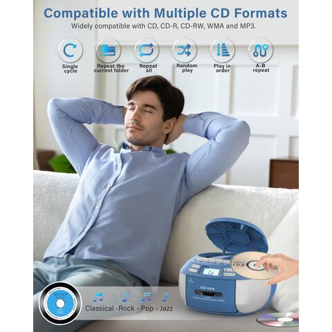 Rádio CD Player Cassete Portátil Boombox com Bluetooth, Aparelho de CD para Casa com Rádio AM/FM (Azul)