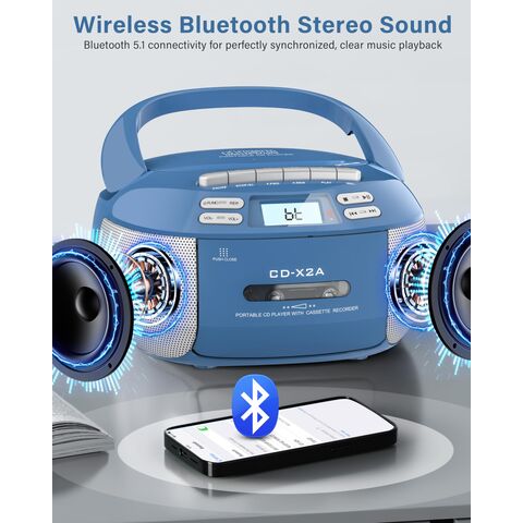 Rádio CD Player Cassete Portátil Boombox com Bluetooth, Aparelho de CD para Casa com Rádio AM/FM (Azul)