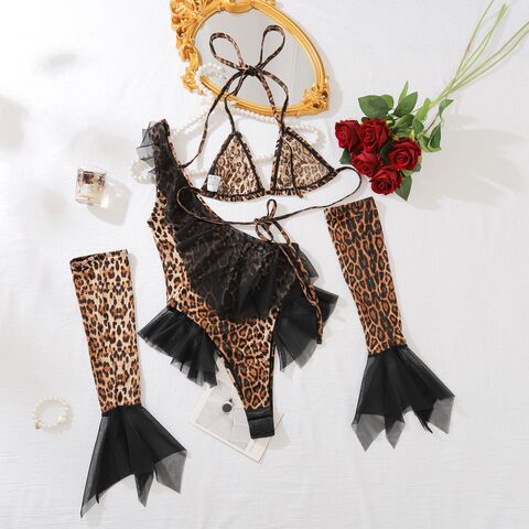 Traje de baño de leopardo con cuello halter, bikini de un solo hombro, body de malla, mamelucos, mono sexy para mujer con manga larga dividida