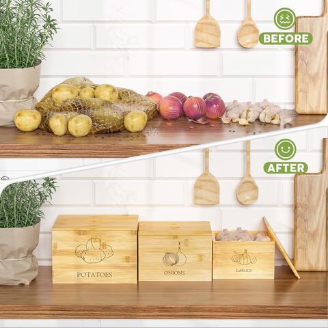 Contenedores al por mayor para patatas y cebollas, organizadores de despensa premium y guardador de verduras de bambú para una cocina organizada
