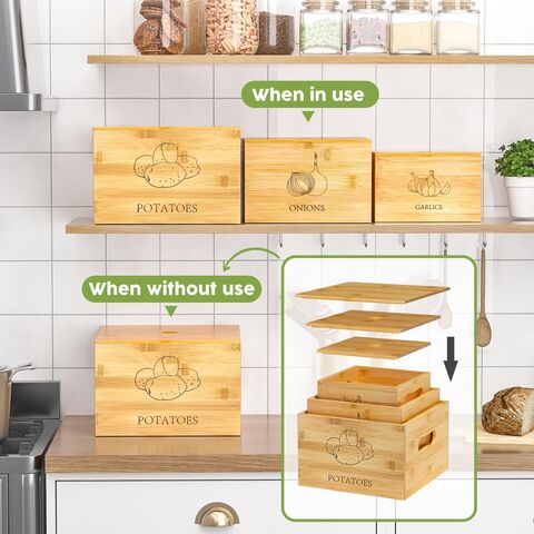 Contenedores al por mayor para patatas y cebollas, organizadores de despensa premium y guardador de verduras de bambú para una cocina organizada