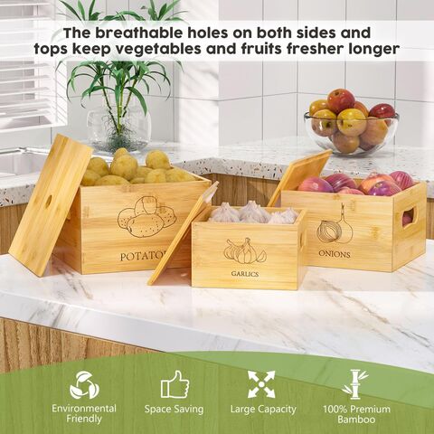 Contenedores al por mayor para patatas y cebollas, organizadores de despensa premium y guardador de verduras de bambú para una cocina organizada