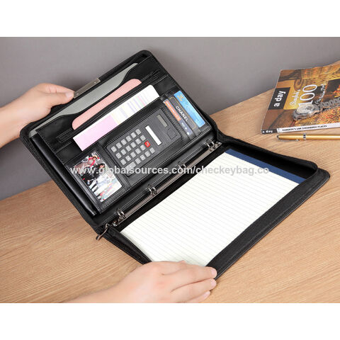 Carpeta Ejecutiva De Negocios A4 Negra De Lujo - Con Carpeta De Anillos Y Calculadora, Piel Elegante, Para Reuniones