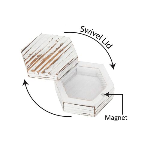 Caja de Anillos de Madera Lavada en Blanco para Ceremonia de Boda, Pequeña Caja de Joyería para Bisutería con Tapa