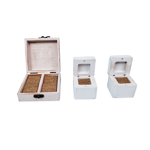 Caja de Anillos de Madera Lavada en Blanco para Ceremonia de Boda, Pequeña Caja de Joyería para Bisutería con Tapa