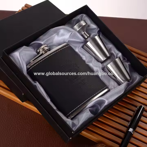 Conjunto de Presente de Cantil de Aço Inoxidável para Whisky em Estoque Para Bebidas Alcoólicas Ao Ar Livre À Prova de Vazamentos Logotipo Personalizado Cantil de Aço Inoxidável 304