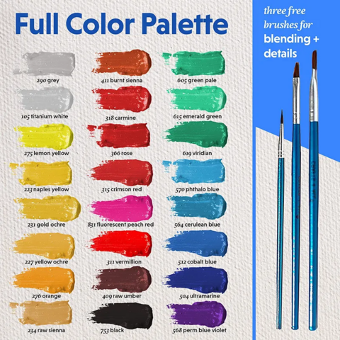 Kits de arte para niños al por mayor, juego de pintura acrílica no tóxica incluye 24 pinturas de 12 ml y 3 pinceles para arte para adultos y niños