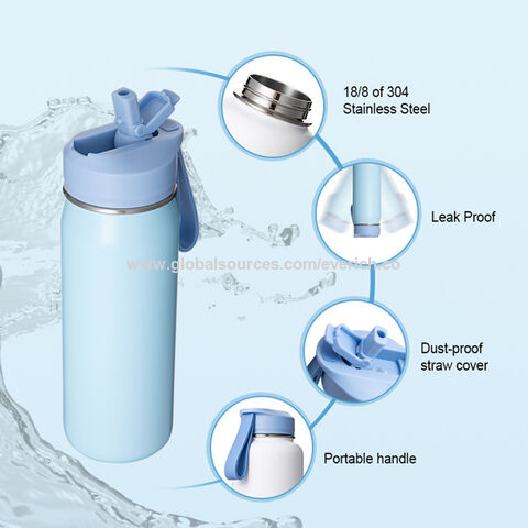 Botella de agua de acero inoxidable de doble pared de 532 ml (18 oz) con aislamiento al vacío, tapa con pajita deportiva y correa de silicona.