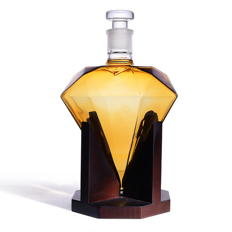 Carafe à Whisky en Forme de Diamant 850 ml avec Support en Bois - Verrerie de Luxe pour Spiritueux