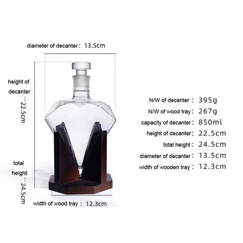 Carafe à Whisky en Forme de Diamant 850 ml avec Support en Bois - Verrerie de Luxe pour Spiritueux