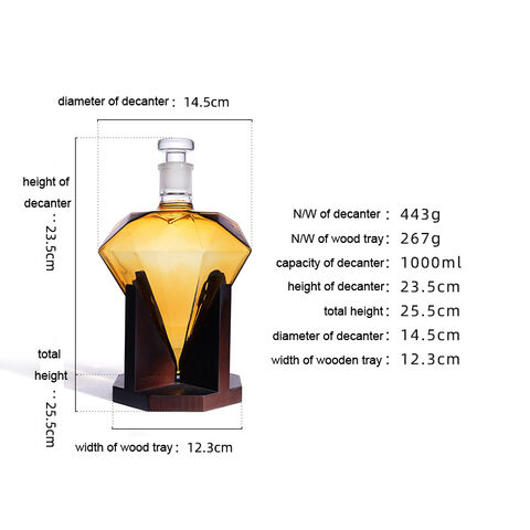 Carafe à Whisky en Forme de Diamant 850 ml avec Support en Bois - Verrerie de Luxe pour Spiritueux
