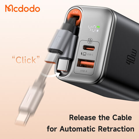 Mcdodo 428 FreeGo 40W Câble Rétractable 3 Sorties USB-C GaN Chargeur Affichage de la Puissance Charge Rapide avec 65cm Type-C Câble PD3.0 AFC