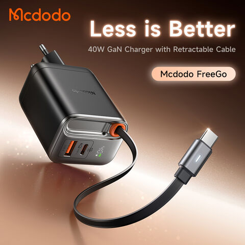 Mcdodo 428 FreeGo 40W Câble Rétractable 3 Sorties USB-C GaN Chargeur Affichage de la Puissance Charge Rapide avec 65cm Type-C Câble PD3.0 AFC