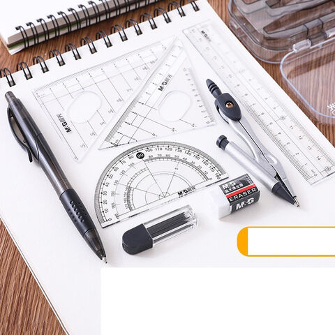 مجموعة هندسة مع ذراع متأرجح، منقلة، مقسم، مجموعة مربعات، مسطرة، بوصلات
