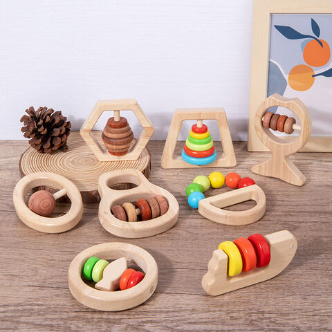 Chocalho de madeira para bebês, brinquedo de dentição e desenvolvimento para bebês