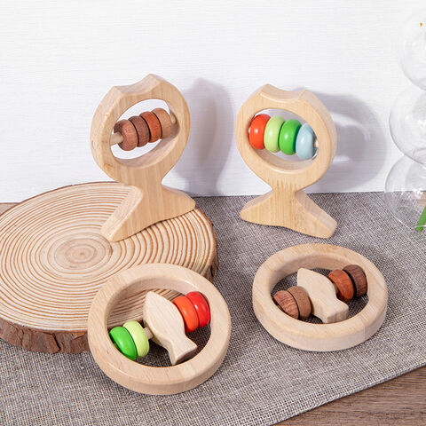 Chocalho de madeira para bebês, brinquedo de dentição e desenvolvimento para bebês