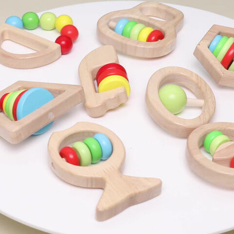Chocalho de madeira para bebês, brinquedo de dentição e desenvolvimento para bebês
