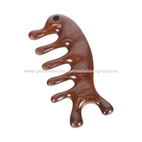 Peine de masaje meridiano de cinco dientes de palo de rosa portátil para dragado del cuero cabelludo de venta caliente, cepillo de pelo de bambú