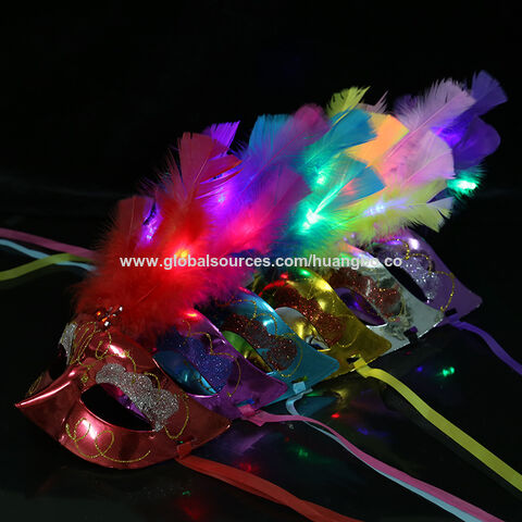 Máscara de fibra ótica luminosa de Halloween, máscara de penas para dança e festas