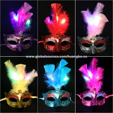Máscara de fibra ótica luminosa de Halloween, máscara de penas para dança e festas