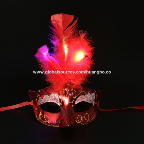 Máscara de fibra ótica luminosa de Halloween, máscara de penas para dança e festas