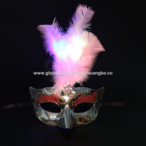 Máscara de fibra ótica luminosa de Halloween, máscara de penas para dança e festas