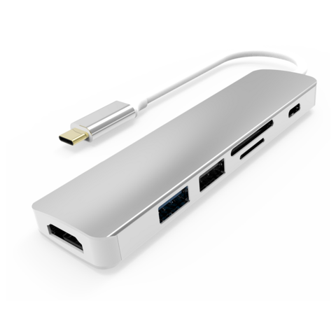 Adaptador Hub USB-C 6 en 1 con HDMI, lector de tarjetas TF/SD y alimentación para MacBook