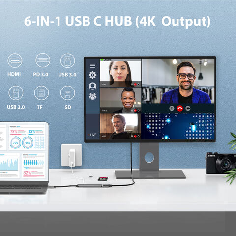 Adaptador Hub USB-C 6 en 1 con HDMI, lector de tarjetas TF/SD y alimentación para MacBook