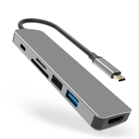 Adaptador Hub USB-C 6 en 1 con HDMI, lector de tarjetas TF/SD y alimentación para MacBook