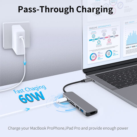 Adaptador Hub USB-C 6 en 1 con HDMI, lector de tarjetas TF/SD y alimentación para MacBook