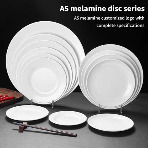 Plato de melamina blanco con logo personalizado para ensalada, decoración, vajilla de alta calidad, irrompible, redondo, para postres de restaurante