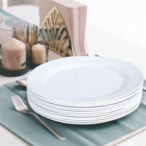 Plato de melamina blanco con logo personalizado para ensalada, decoración, vajilla de alta calidad, irrompible, redondo, para postres de restaurante