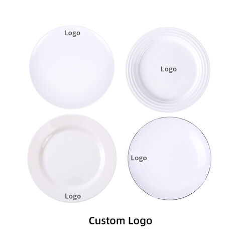 Plato de melamina blanco con logo personalizado para ensalada, decoración, vajilla de alta calidad, irrompible, redondo, para postres de restaurante