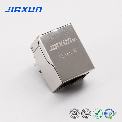 JIAXUN JXJ0013BHNL 10/100 Base-T Conector RJ45 Hembra de Puerto Simple de 90 Grados con LED Verde/Amarillo Tab Down
