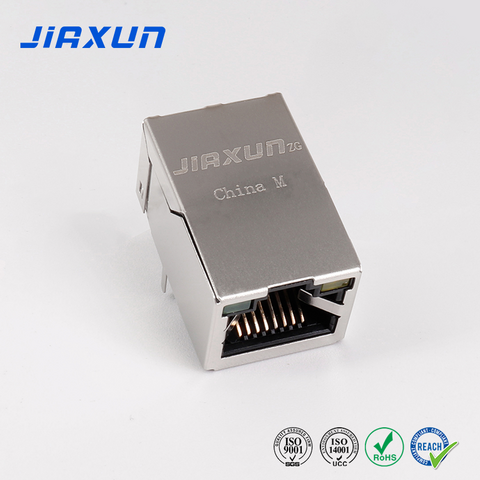 JIAXUN JXJ0013BHNL 10/100 Base-T Conector RJ45 Hembra de Puerto Simple de 90 Grados con LED Verde/Amarillo Tab Down