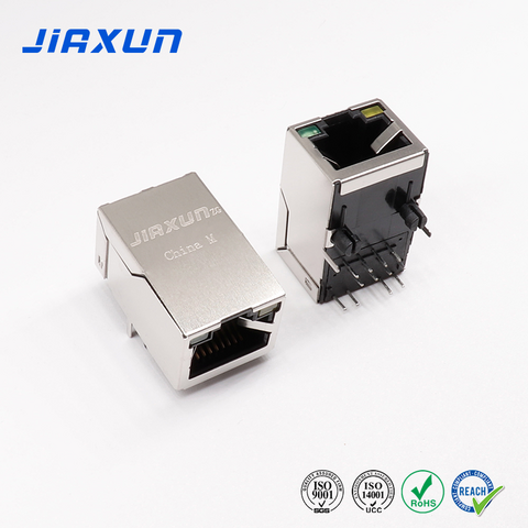 JIAXUN JXJ0013BHNL 10/100 Base-T Conector RJ45 Hembra de Puerto Simple de 90 Grados con LED Verde/Amarillo Tab Down