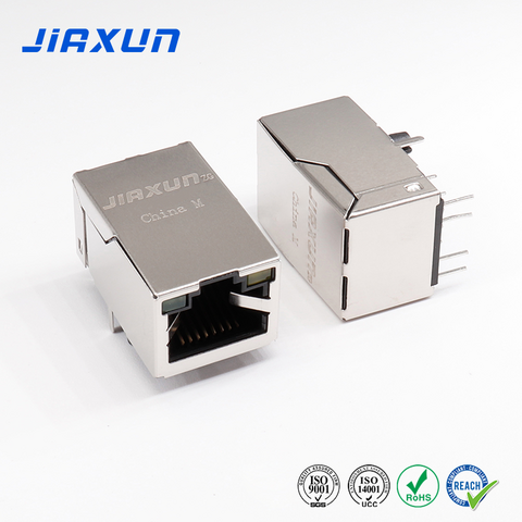 JIAXUN JXJ0013BHNL 10/100 Base-T Conector RJ45 Hembra de Puerto Simple de 90 Grados con LED Verde/Amarillo Tab Down