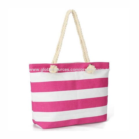 Wholesale Zipper Closure Stripe popular Custom Print Cotton Lady Canvas Beach Tote Bag