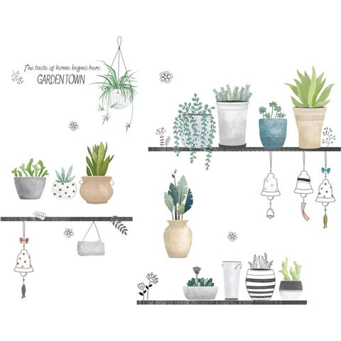 Vinilos Decorativos de Pared con Plantas Verdes en Maceta y Hojas, Mural de Pared de Hojas para Decoración de Dormitorios - Adhesivos Decorativos para Pared al por Mayor