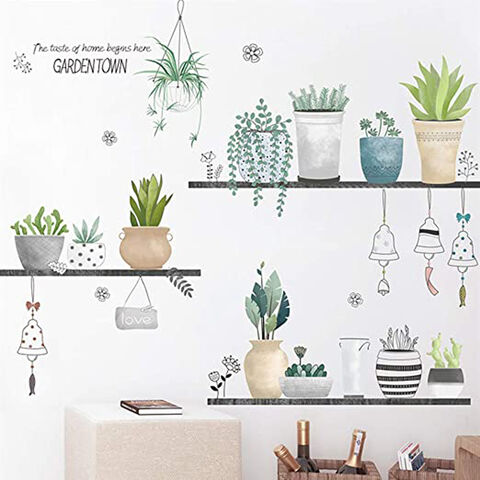 Vinilos Decorativos de Pared con Plantas Verdes en Maceta y Hojas, Mural de Pared de Hojas para Decoración de Dormitorios - Adhesivos Decorativos para Pared al por Mayor