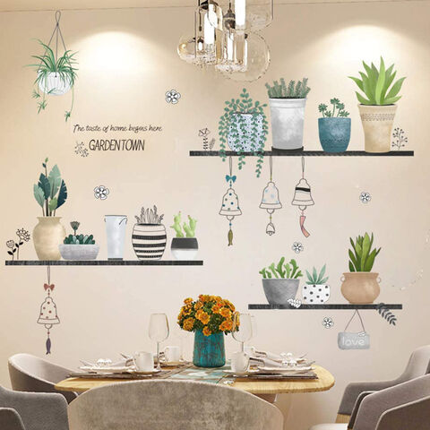 Vinilos Decorativos de Pared con Plantas Verdes en Maceta y Hojas, Mural de Pared de Hojas para Decoración de Dormitorios - Adhesivos Decorativos para Pared al por Mayor