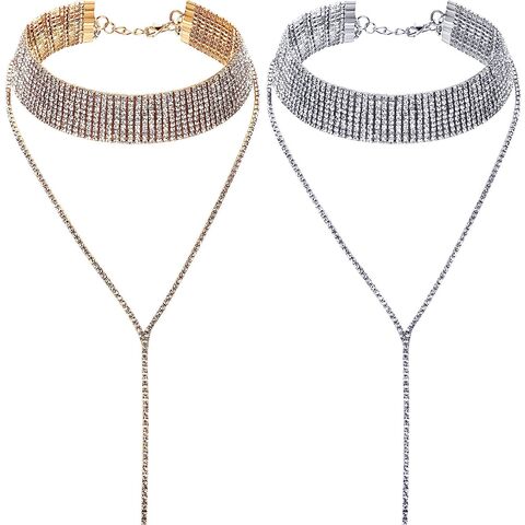 Kalung Choker Rumbai Berlian Imitasi 2 Potongan Kerah Lebar Multi-Layer