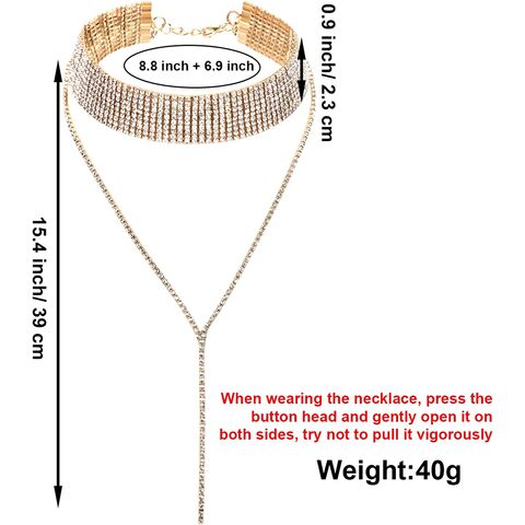 Kalung Choker Rumbai Berlian Imitasi 2 Potongan Kerah Lebar Multi-Layer