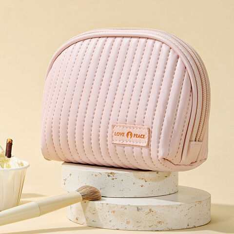 Pequena Bolsa de Maquiagem de Couro PU Listrado, Bolsa de Cosméticos de Viagem Portátil, Necessaire Impermeável com Alça, Bolsa de Maquiagem Bonita